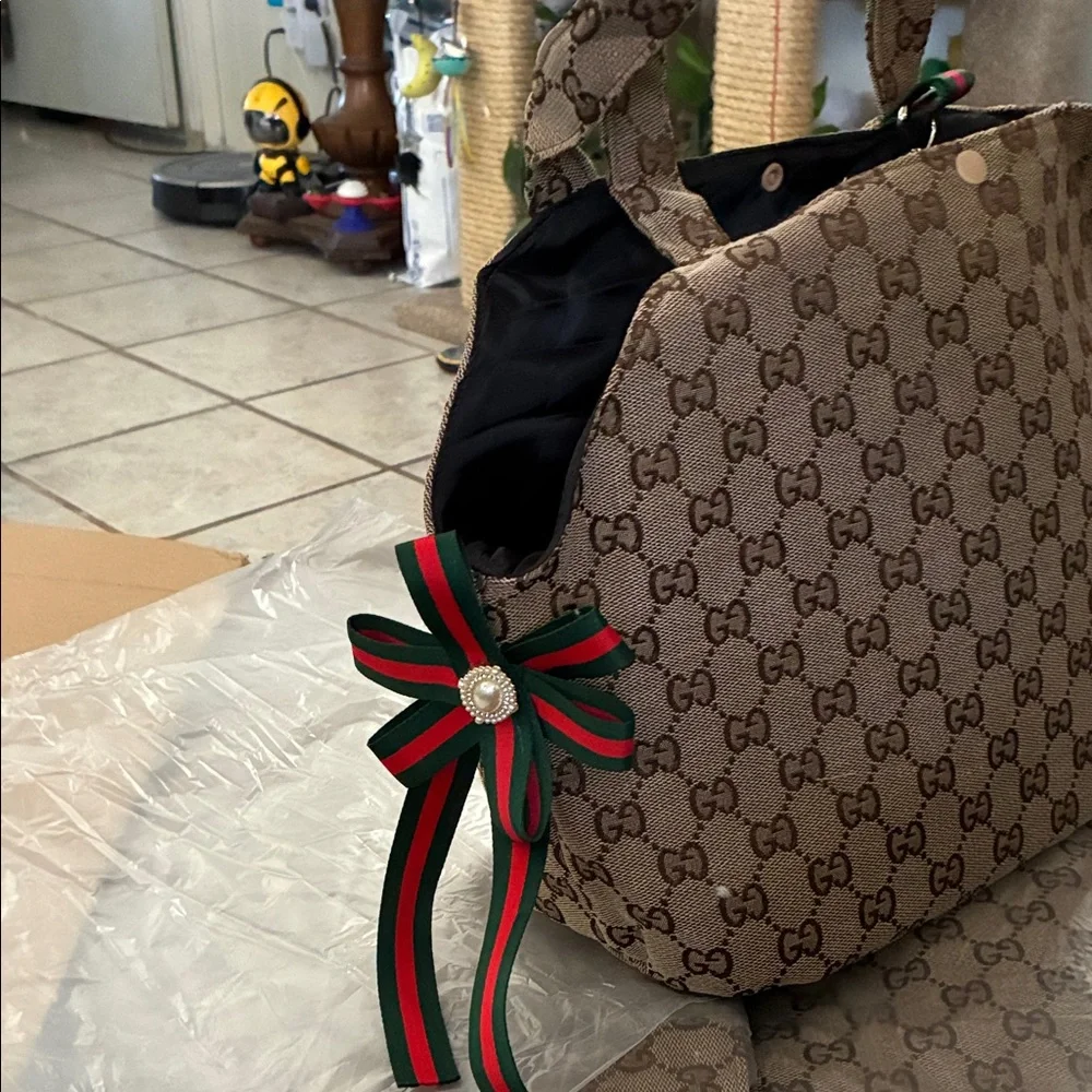 Dog carry bag Beige Patterned with Ribbon Accent - Picture 1 of 8